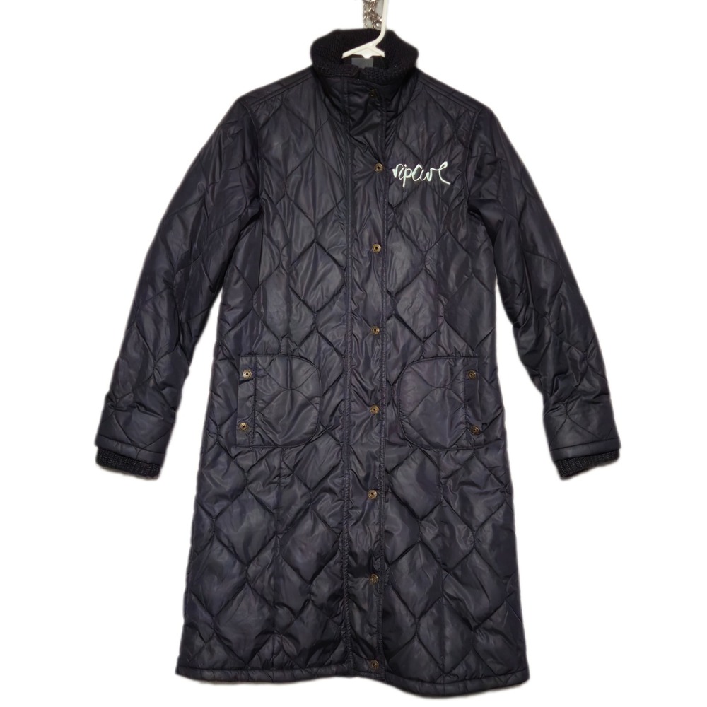 Rip Curl Quilted Puffer Jacket Womens Navy Blue Longline Snap Front Coat